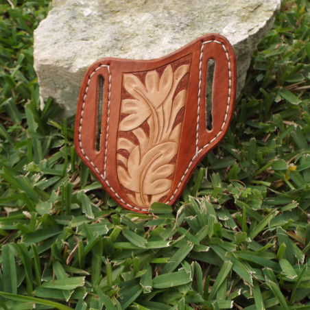 Tooled Pancake Knife Sheath - Canyon Tan with Tooled Leaf Design