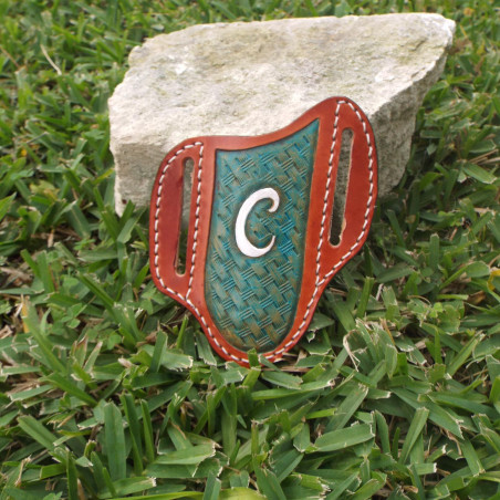 Tooled Pancake Knife Sheath - Canyon Tan with Turquoise Basket Weave and White Letter Design, Left Handed or Right Handed