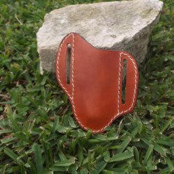 Tooled Pancake Knife Sheath - Canyon Tan with Turquoise Basket Weave and White Letter Design, Left Handed or Right Handed