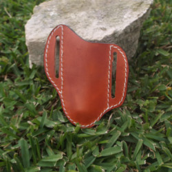 Tooled Pancake Knife Sheath - Canyon Tan with Turquoise Basket Weave and White Letter Design, Left Handed or Right Handed