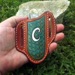 Tooled Pancake Knife Sheath - Canyon Tan with Turquoise Basket Weave and White Letter Design, Left Handed or Right Handed