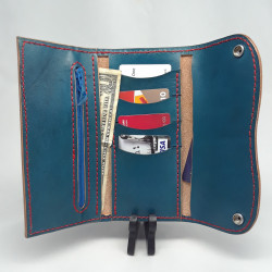 Wallet, Blue Leather Long with Zipper Pocket