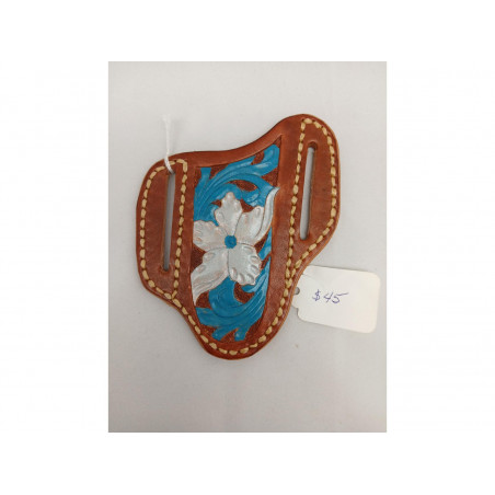 Tooled Pancake Knife Sheath - Silver Flower